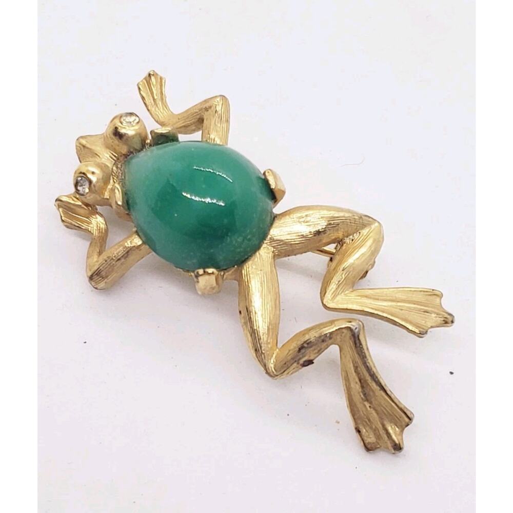 Vintage Frog Brooch Green Glass Body 10k Gold Plated Rhinestone Eyes Cute